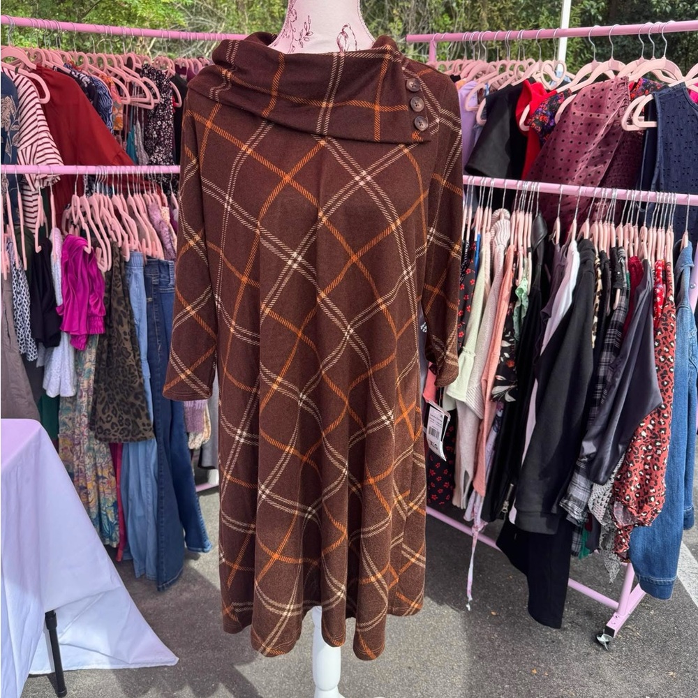 Sandra Darren Brown Plaid A-Line Dress